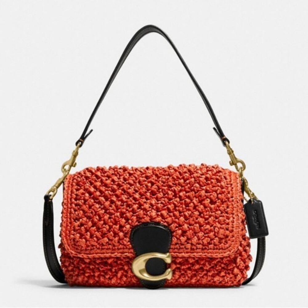 COACH Soft Tabby Shoulder Bag in Straw & Smooth Leather CA032 in Red Orange